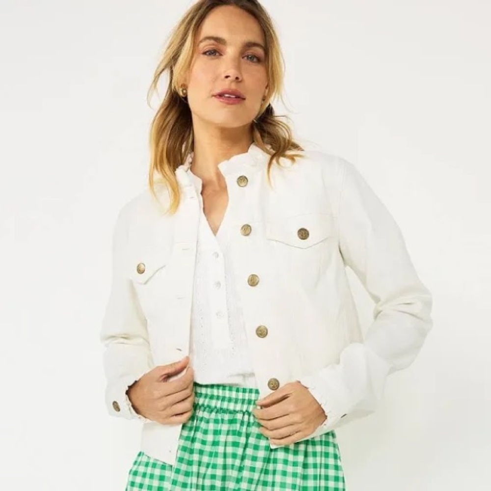 Women's DRAPER JAMES RSVP™ Ruffle Trim Denim Jacket white size Small